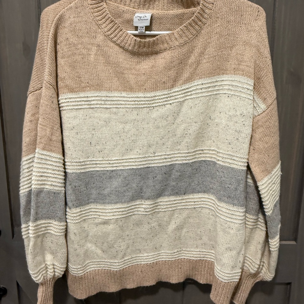 Cozy Beige and Gray Striped Crew Neck Sweater